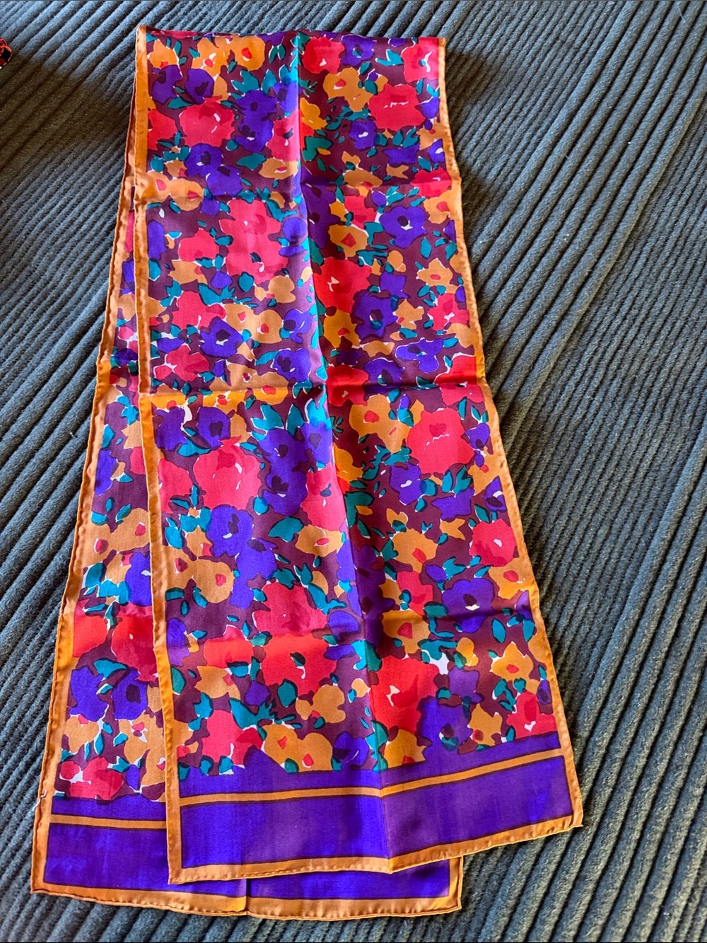 Vintage Vibrant Floral Print Women’s Silk Scarf- Purple, Pink & Orange 4’ 10”